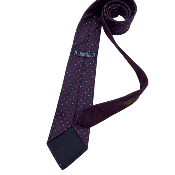 HERMÈS 339357T Blue/Burgundy Geometric Silk LUXURY Slim Tie FRANCE - Picture 2 of 6